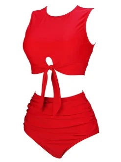 Fashion Retro Stage 1950s Solid Lace-Up Crewl Neck Swimsuit