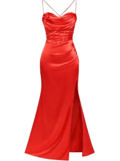 Online Retro Stage 1920s Solid Lace-Up High Slit Dress