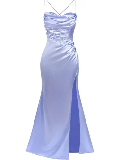 Online Retro Stage 1920s Solid Lace-Up High Slit Dress