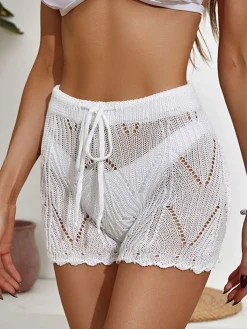 Outlet Retro Stage 1960s Solid Lace-Up Hollow Crochet Shorts