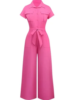 Discount Retro Stage 1930s Solid Lapel Button Belted Cargo Jumpsuit
