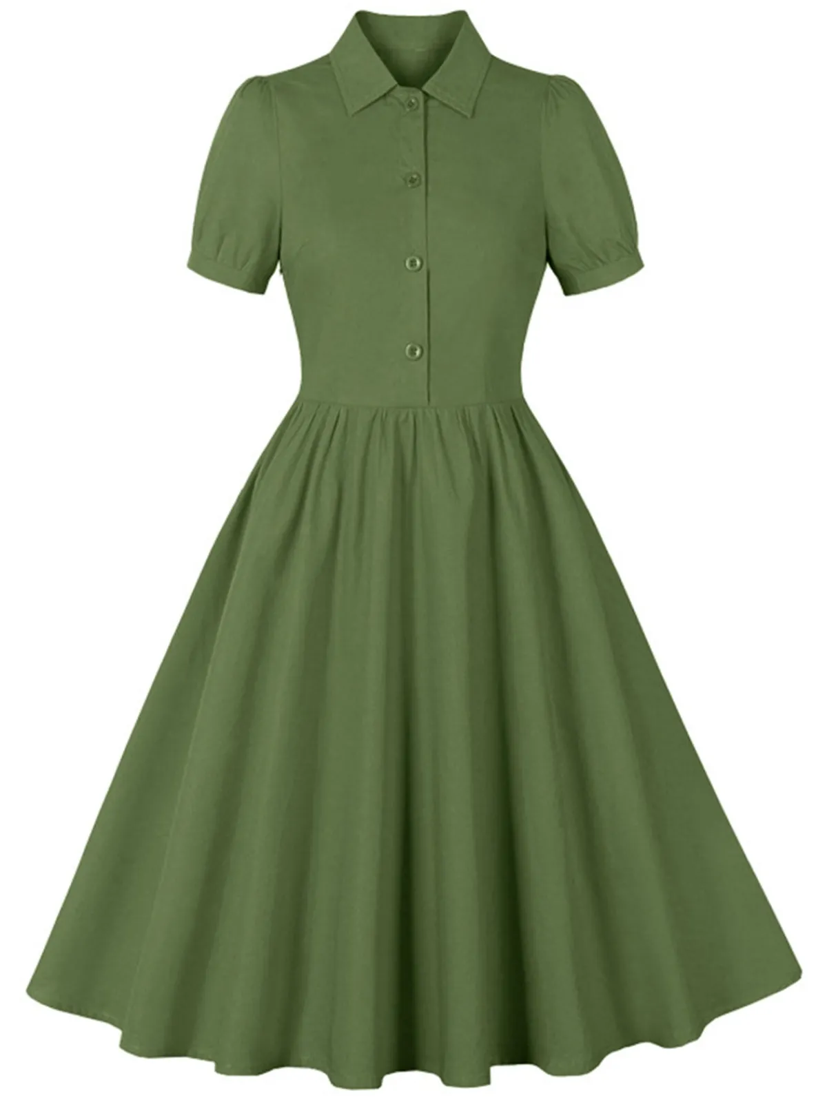 Hot Retro Stage 1950s Solid Lapel Buttons Swing Dress