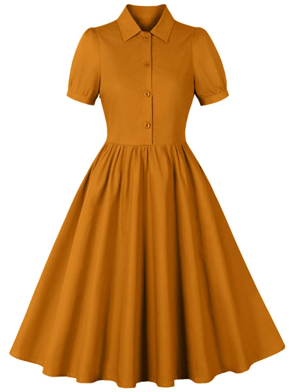 Hot Retro Stage 1950s Solid Lapel Buttons Swing Dress