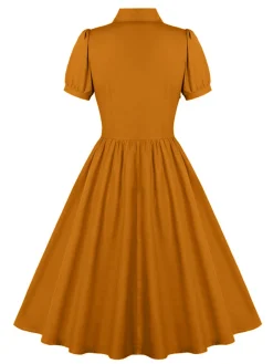Hot Retro Stage 1950s Solid Lapel Buttons Swing Dress