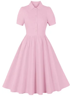 Hot Retro Stage 1950s Solid Lapel Buttons Swing Dress