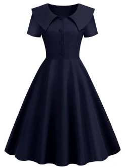Clearance Retro Stage 1950s Solid Lapel Swing Dress