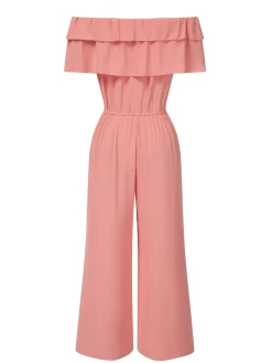 Outlet Retro Stage 1930s Solid Layered Ruffle Off-Shoulder Jumpsuit