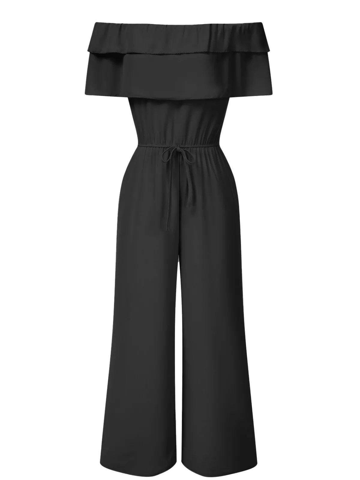 Outlet Retro Stage 1930s Solid Layered Ruffle Off-Shoulder Jumpsuit