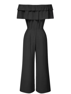 Outlet Retro Stage 1930s Solid Layered Ruffle Off-Shoulder Jumpsuit