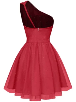 Best Retro Stage 1960s Solid Mesh One Shoulder Dress