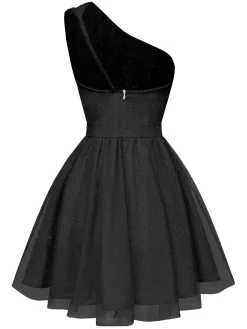 Best Retro Stage 1960s Solid Mesh One Shoulder Dress