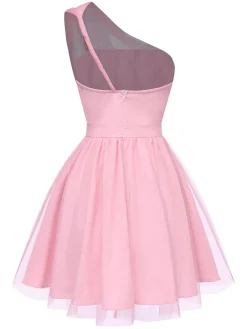 Best Retro Stage 1960s Solid Mesh One Shoulder Dress