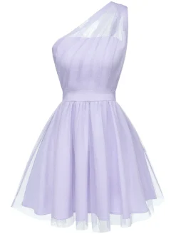 Best Retro Stage 1960s Solid Mesh One Shoulder Dress