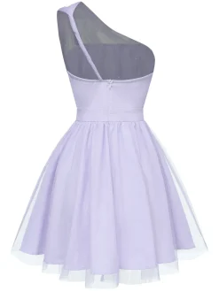Best Retro Stage 1960s Solid Mesh One Shoulder Dress