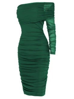 Fashion Retro Stage 1960s Solid Mesh Pleated Hip Dress
