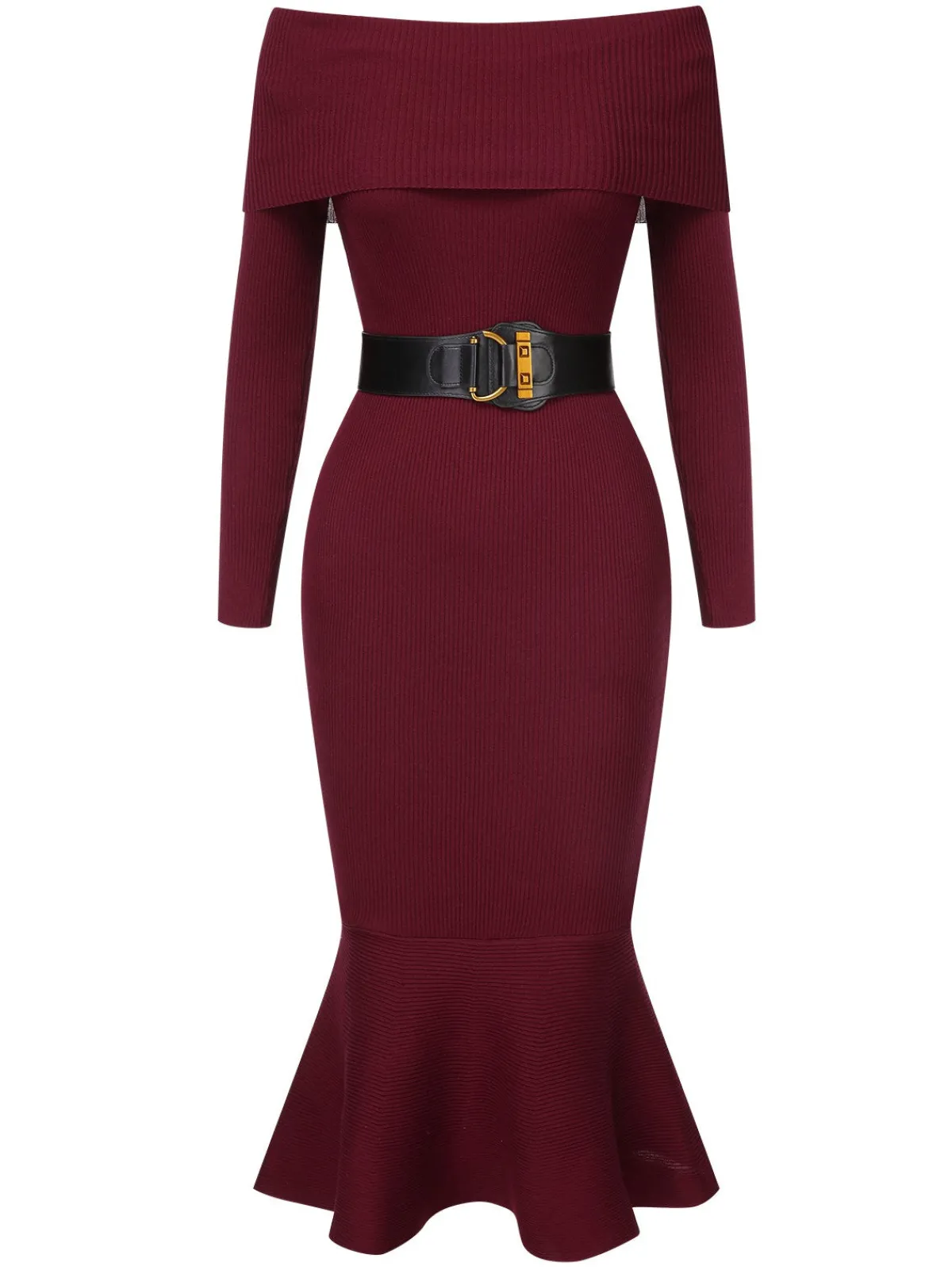 Hot Retro Stage 1930s Solid Off-Shoulder Knitted Fishtail Dress With Belt