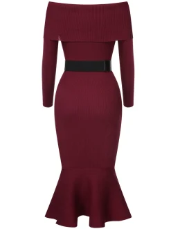 Hot Retro Stage 1930s Solid Off-Shoulder Knitted Fishtail Dress With Belt
