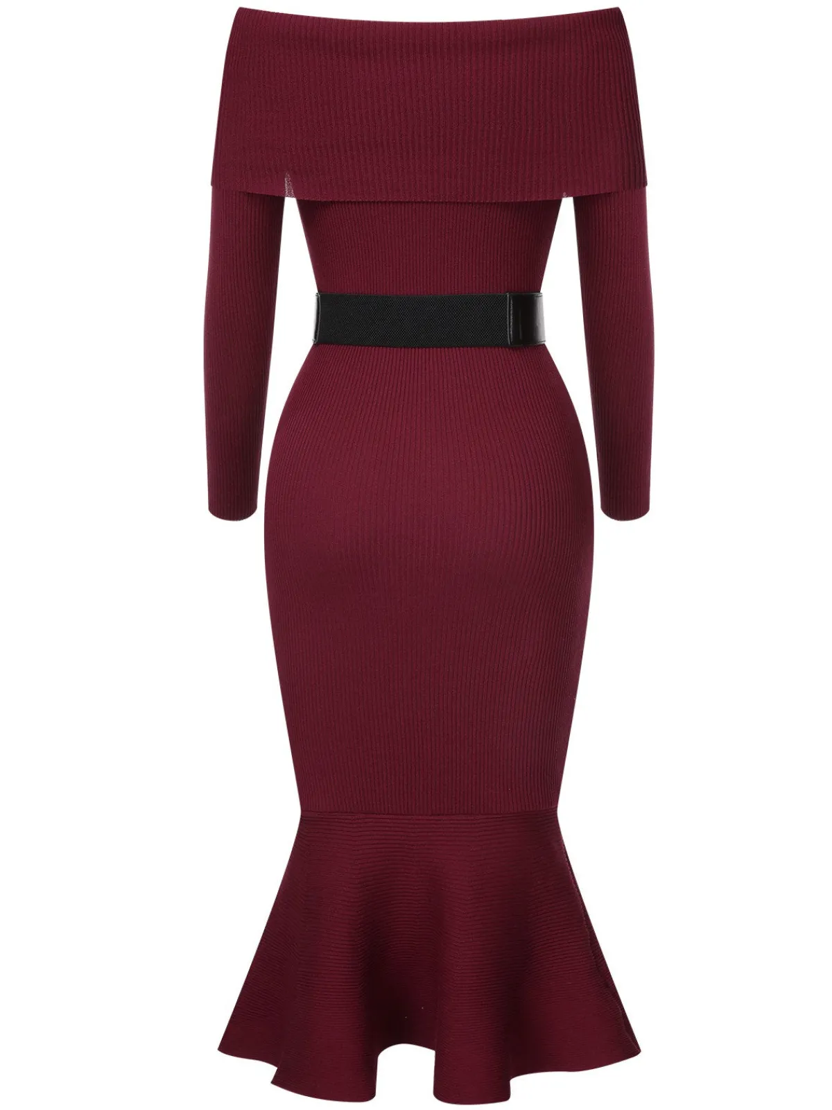 Hot Retro Stage 1930s Solid Off-Shoulder Knitted Fishtail Dress With Belt