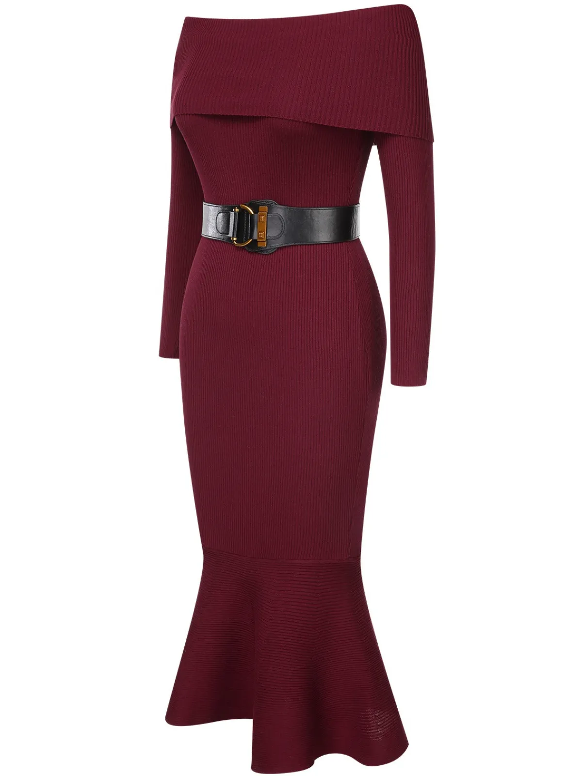 Hot Retro Stage 1930s Solid Off-Shoulder Knitted Fishtail Dress With Belt