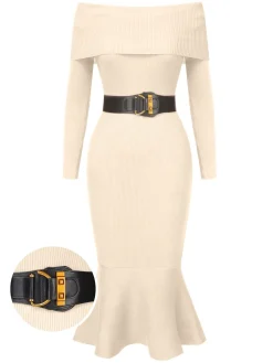 Hot Retro Stage 1930s Solid Off-Shoulder Knitted Fishtail Dress With Belt