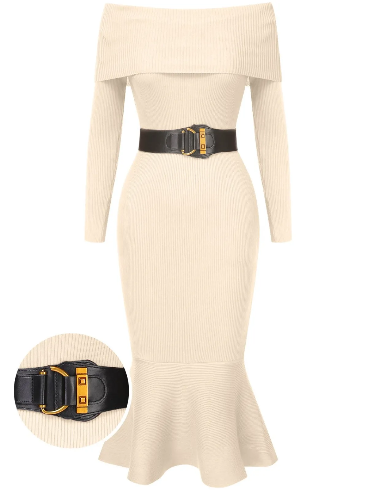 Hot Retro Stage 1930s Solid Off-Shoulder Knitted Fishtail Dress With Belt