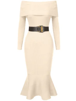 Hot Retro Stage 1930s Solid Off-Shoulder Knitted Fishtail Dress With Belt