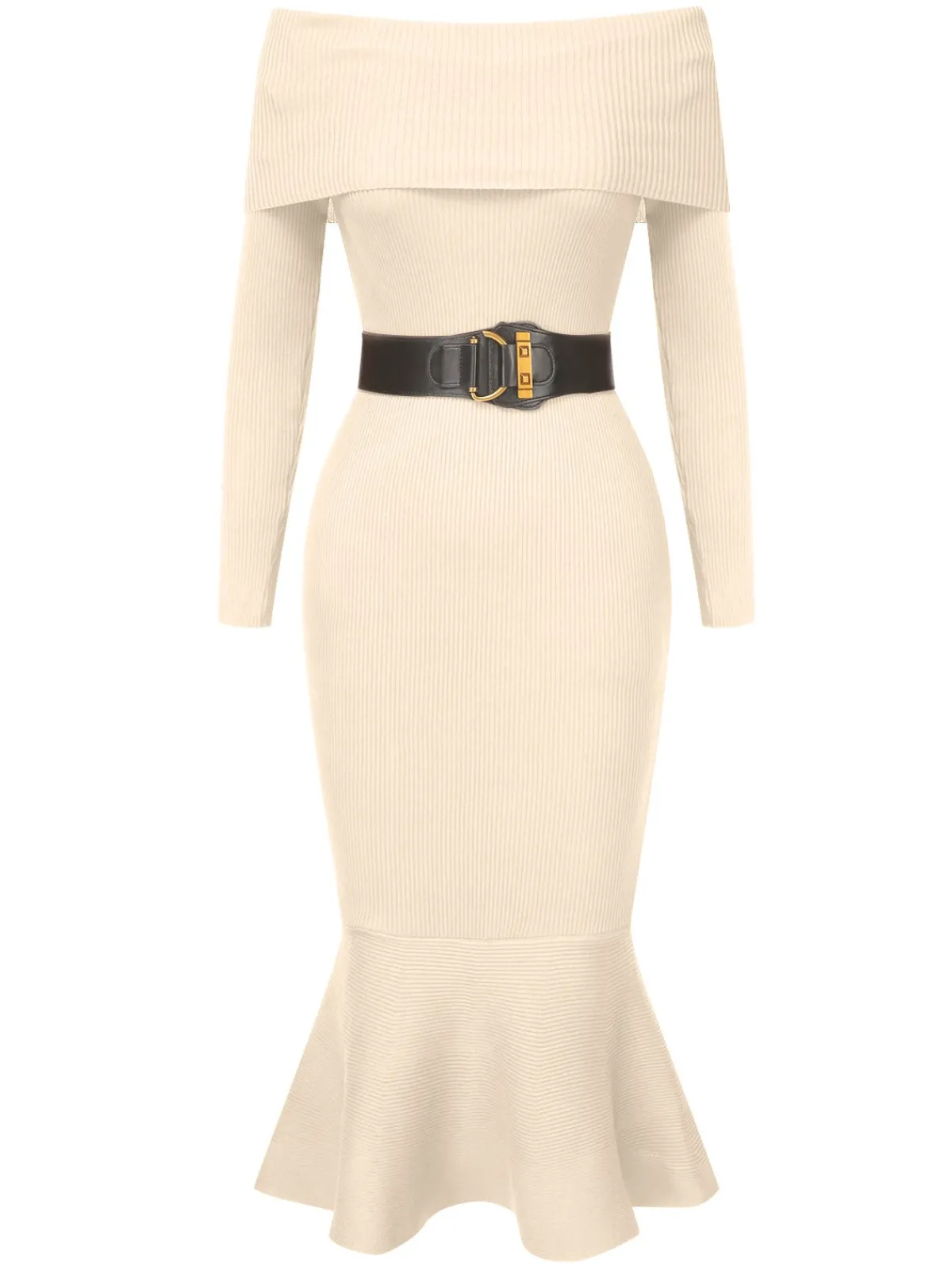 Hot Retro Stage 1930s Solid Off-Shoulder Knitted Fishtail Dress With Belt