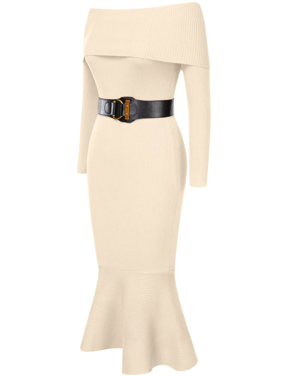 Hot Retro Stage 1930s Solid Off-Shoulder Knitted Fishtail Dress With Belt