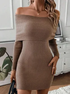 Clearance Retro Stage 1970s Solid Off-Shoulder Ribbed Knit Dress