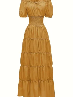 Sale Retro Stage 1930s Solid Off-Shoulder Smocked Puff Sleeves Dress