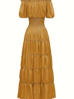 Sale Retro Stage 1930s Solid Off-Shoulder Smocked Puff Sleeves Dress