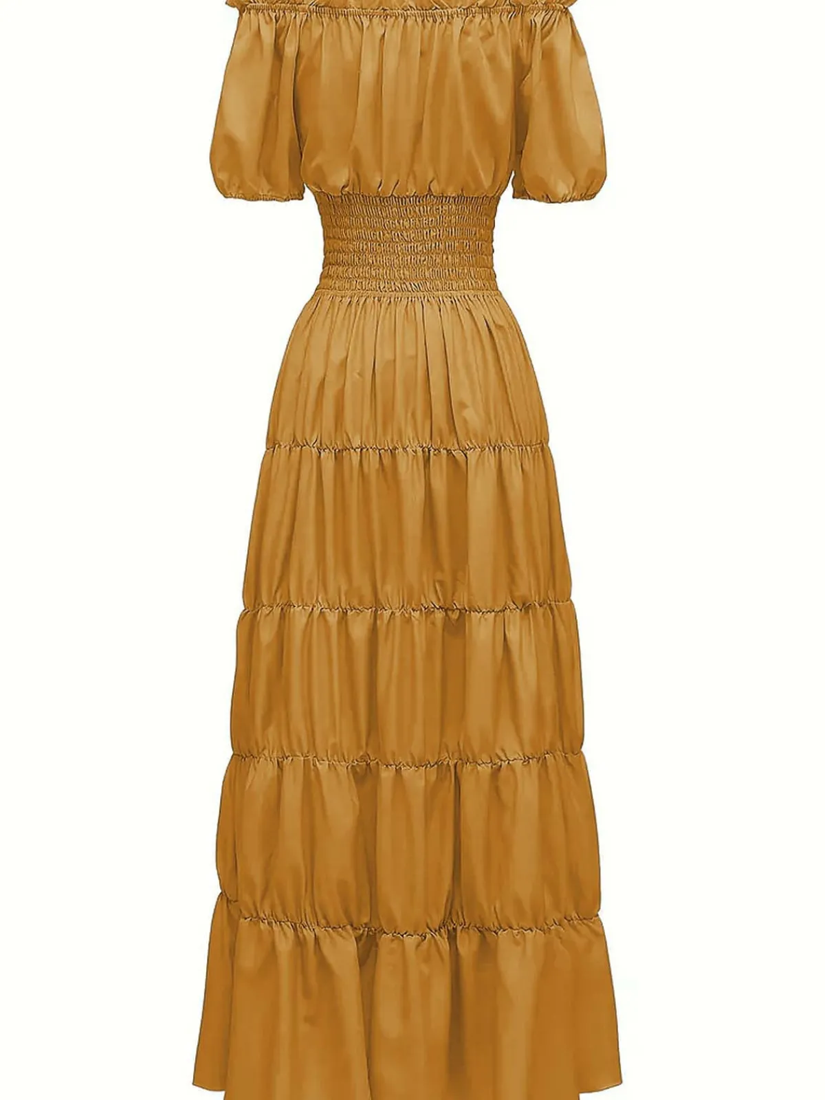Sale Retro Stage 1930s Solid Off-Shoulder Smocked Puff Sleeves Dress