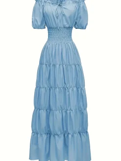 Sale Retro Stage 1930s Solid Off-Shoulder Smocked Puff Sleeves Dress
