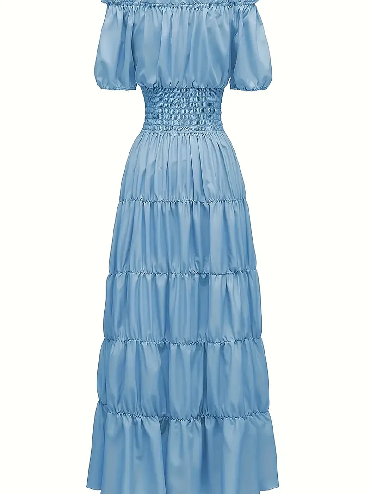 Sale Retro Stage 1930s Solid Off-Shoulder Smocked Puff Sleeves Dress