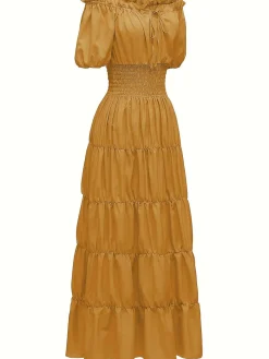 Sale Retro Stage 1930s Solid Off-Shoulder Smocked Puff Sleeves Dress