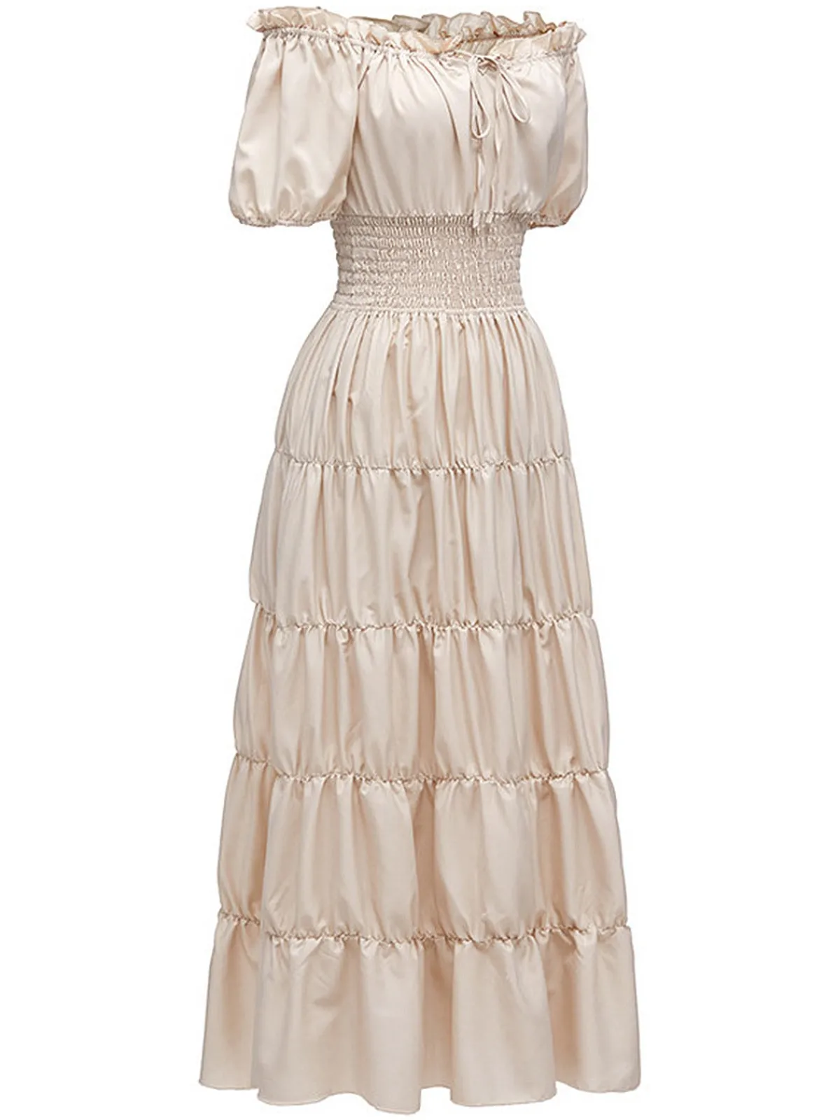 Sale Retro Stage 1930s Solid Off-Shoulder Smocked Puff Sleeves Dress