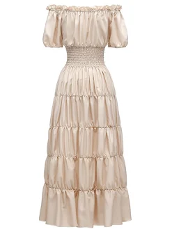 Sale Retro Stage 1930s Solid Off-Shoulder Smocked Puff Sleeves Dress