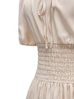 Sale Retro Stage 1930s Solid Off-Shoulder Smocked Puff Sleeves Dress
