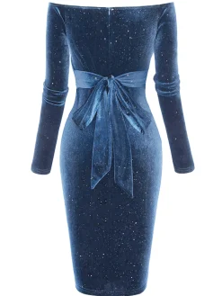Clearance Retro Stage 1960s Solid Off-Shoulder Velvet Dress