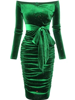 Clearance Retro Stage 1960s Solid Off-Shoulder Velvet Dress