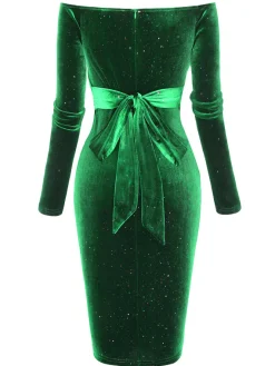 Clearance Retro Stage 1960s Solid Off-Shoulder Velvet Dress