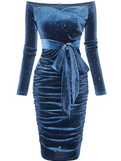Hot Retro Stage 1960s Solid Off-Shoulder Velvet Dress