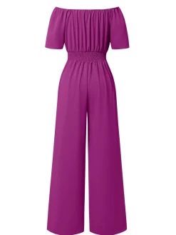Clearance Retro Stage 1930s Solid Off-Shoulder Waist Loose Straight Jumpsuit