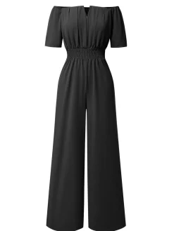 Clearance Retro Stage 1930s Solid Off-Shoulder Waist Loose Straight Jumpsuit