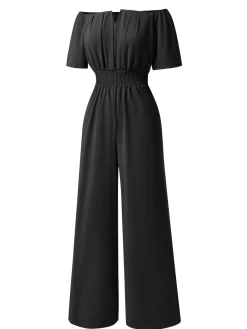 Clearance Retro Stage 1930s Solid Off-Shoulder Waist Loose Straight Jumpsuit