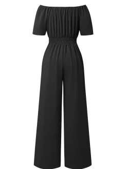 Clearance Retro Stage 1930s Solid Off-Shoulder Waist Loose Straight Jumpsuit