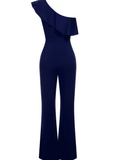 Fashion Retro Stage 1950s Solid One Shoulder Ruffled Jumpsuit