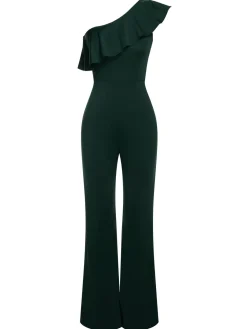 Fashion Retro Stage 1950s Solid One Shoulder Ruffled Jumpsuit