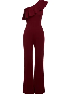 Fashion Retro Stage 1950s Solid One Shoulder Ruffled Jumpsuit