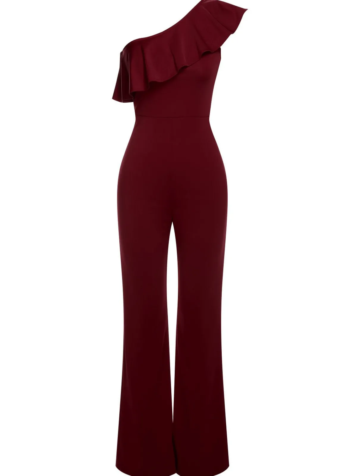 Fashion Retro Stage 1950s Solid One Shoulder Ruffled Jumpsuit